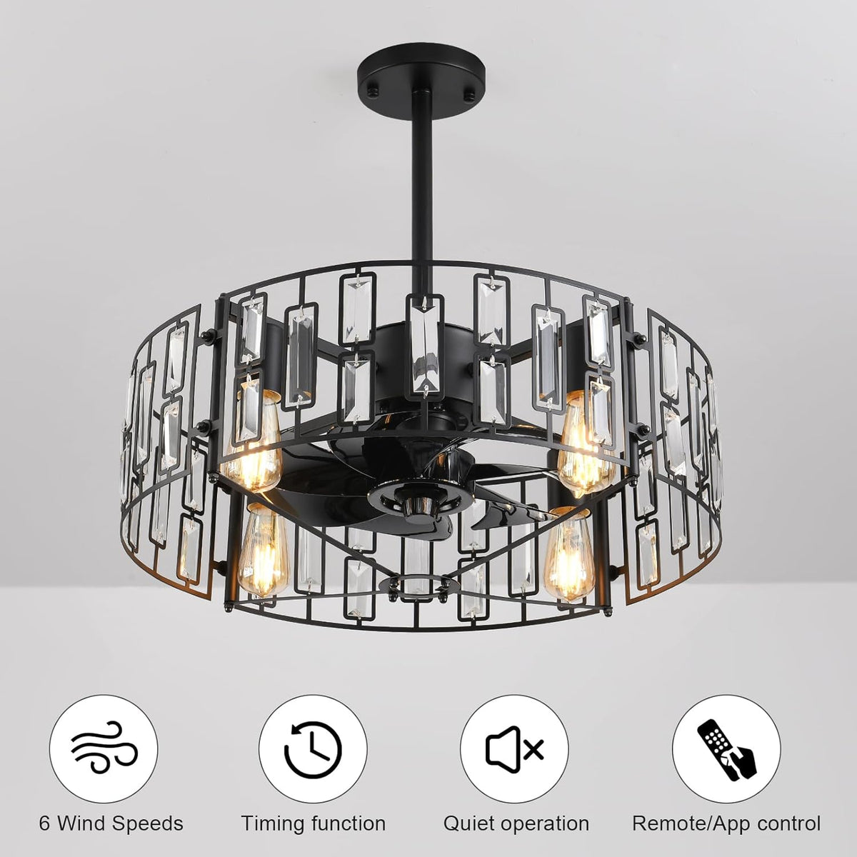 LuxiLamps - Modern Crystal Cage Fan - Ceiling Fan - 6 Speeds - Black - 50 cm - With Remote Control - Chandelier Fan - Living Room Lamp