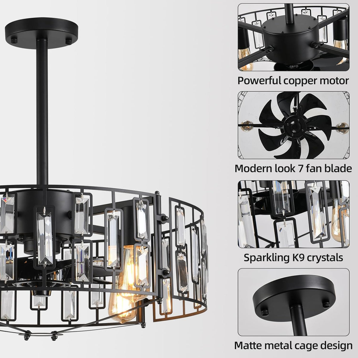 LuxiLamps - Modern Crystal Cage Fan - Ceiling Fan - 6 Speeds - Black - 50 cm - With Remote Control - Chandelier Fan - Living Room Lamp