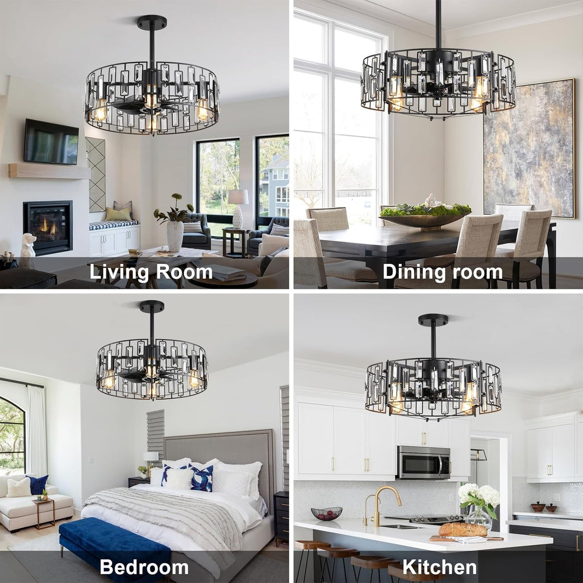LuxiLamps - Modern Crystal Cage Fan - Ceiling Fan - 6 Speeds - Black - 50 cm - With Remote Control - Chandelier Fan - Living Room Lamp