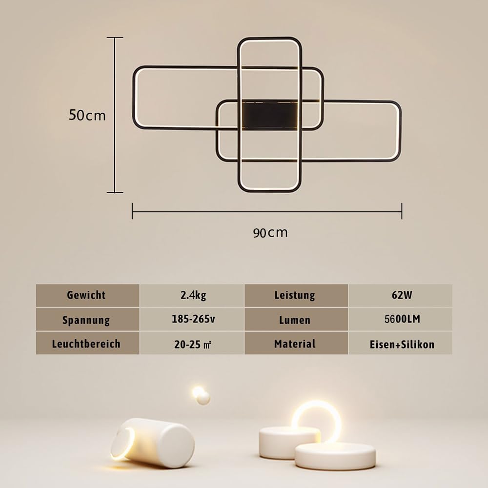 Black Rectangular LED Ceiling Light - 62 W - Dimmable With Remote Control - Adjustable 3000–6000 K - Modern Chandelier For The Living Room