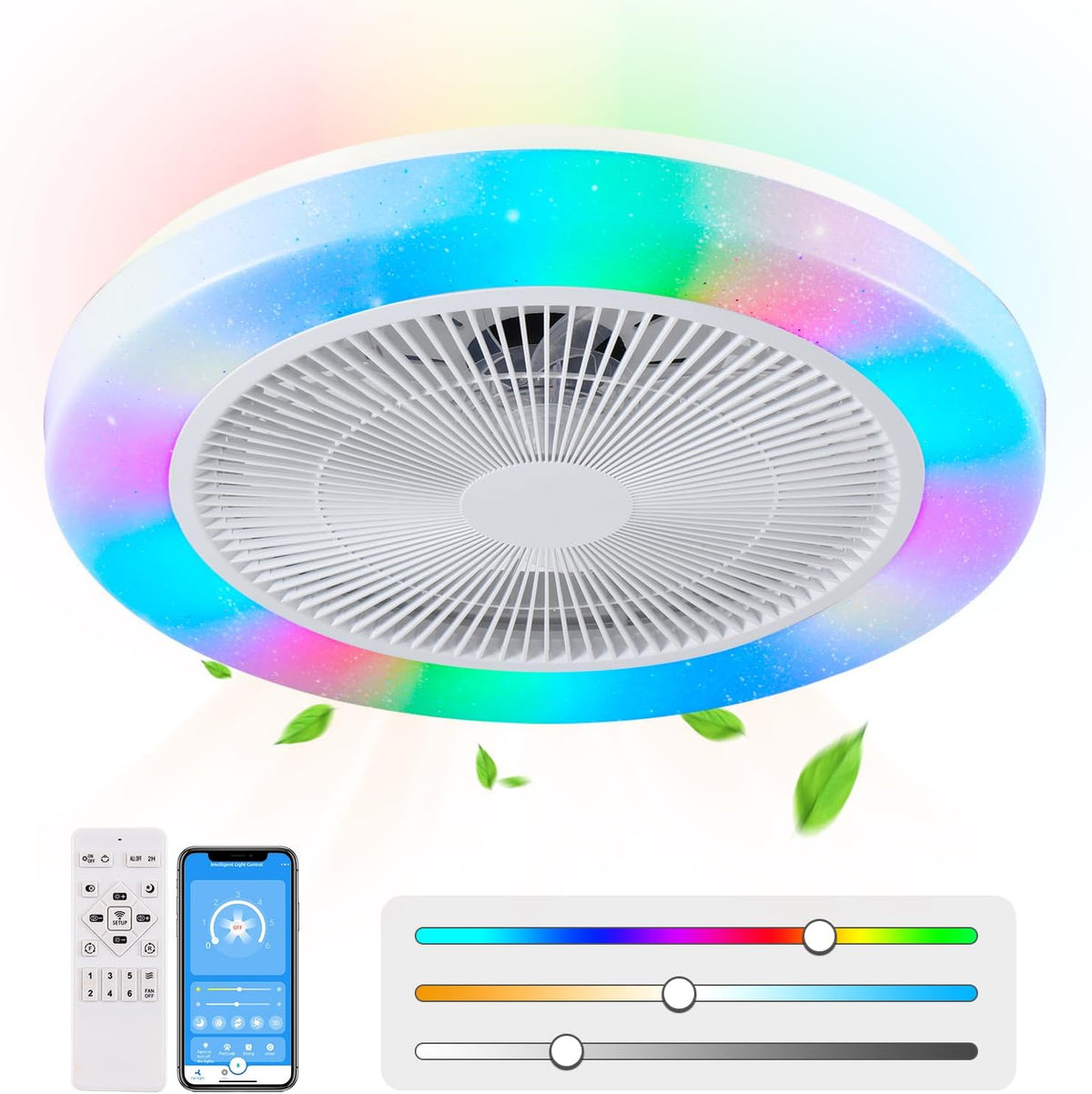 Modern RGB Ceiling Fan - LED Fan Light - 8 Colours - White - Dimmable - 6 Speeds - Remote Control And App - For Living Room