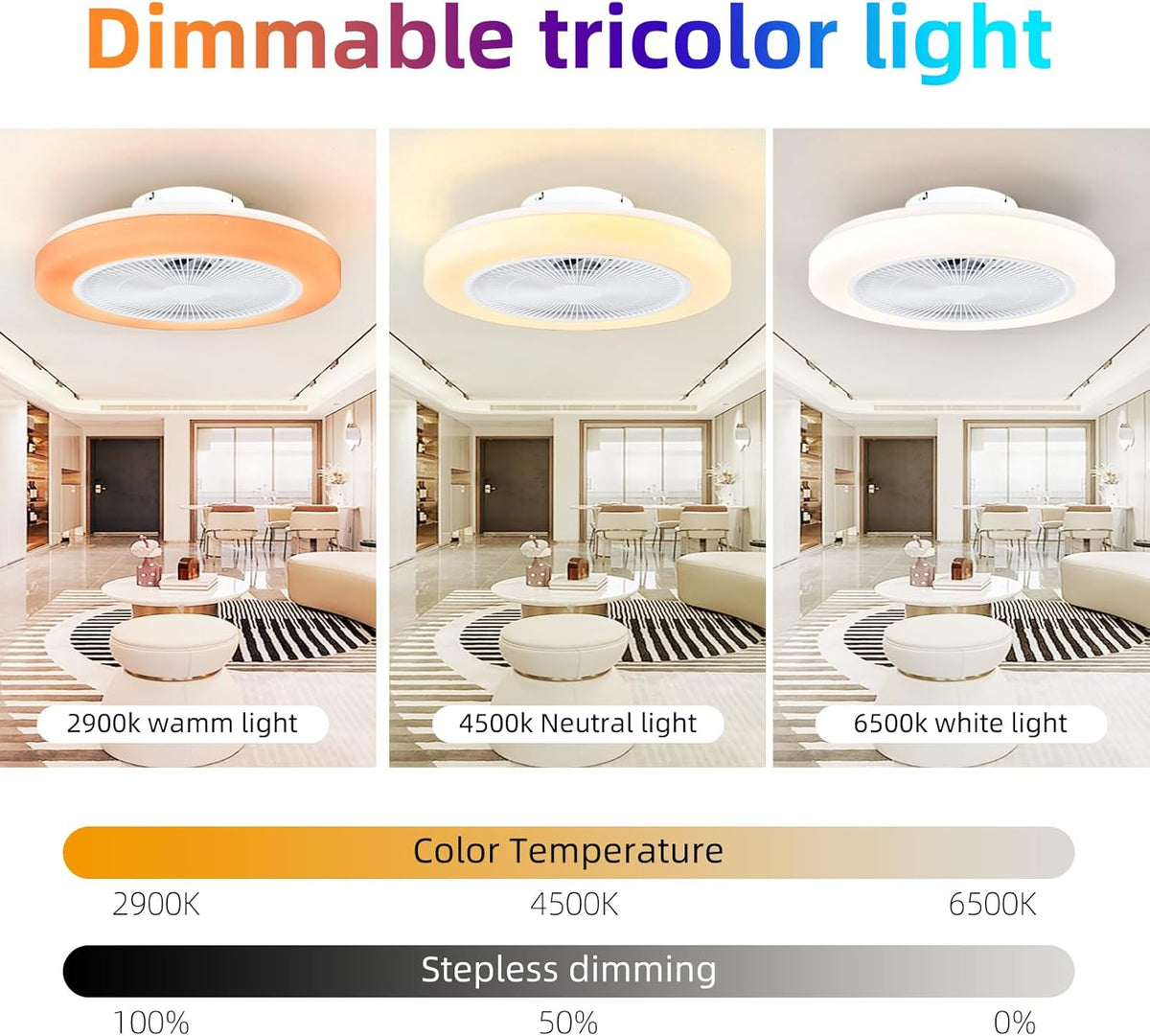 Modern RGB Ceiling Fan - LED Fan Light - 8 Colours - White - Dimmable - 6 Speeds - Remote Control And App - For Living Room