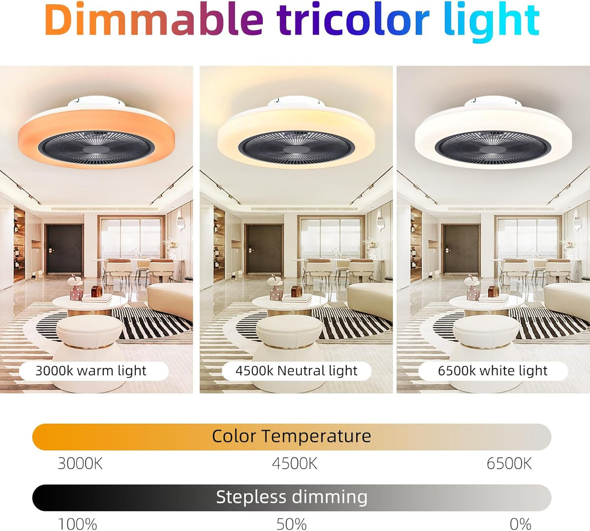 LuxiLamps - Modern RGB Ceiling Fan - Smart Lamp - 8 Colors - Dimmable With Remote Control & APP - 50 cm - Black - Living Room Lamp