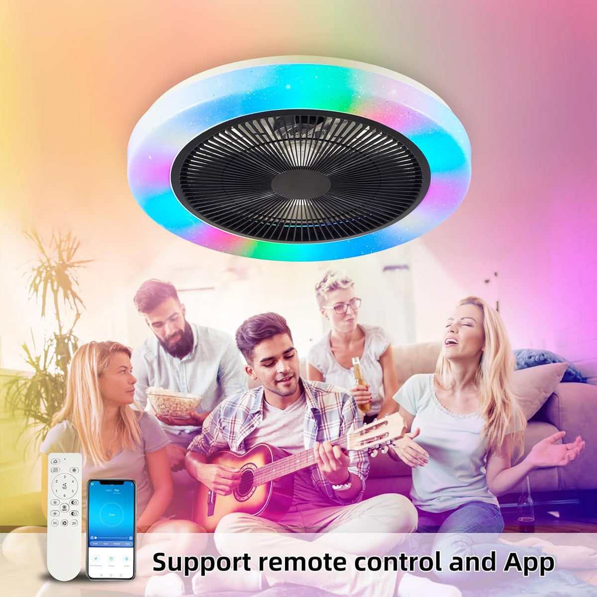 LuxiLamps - Modern RGB Ceiling Fan - Smart Lamp - 8 Colors - Dimmable With Remote Control & APP - 50 cm - Black - Living Room Lamp