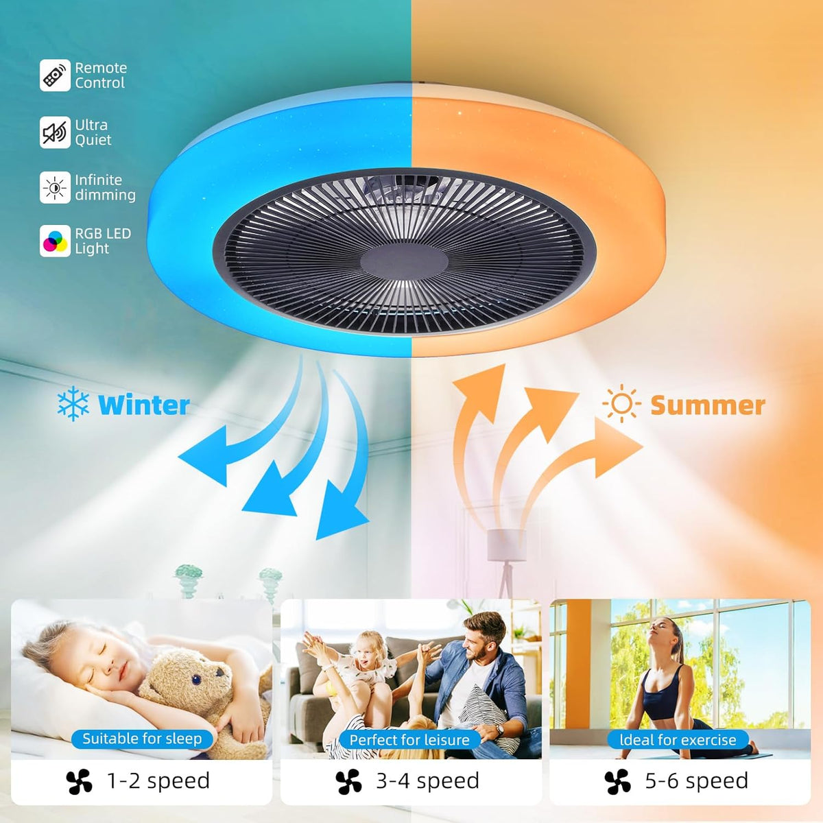 LuxiLamps - Modern RGB Ceiling Fan - Smart Lamp - 8 Colors - Dimmable With Remote Control & APP - 50 cm - Black - Living Room Lamp