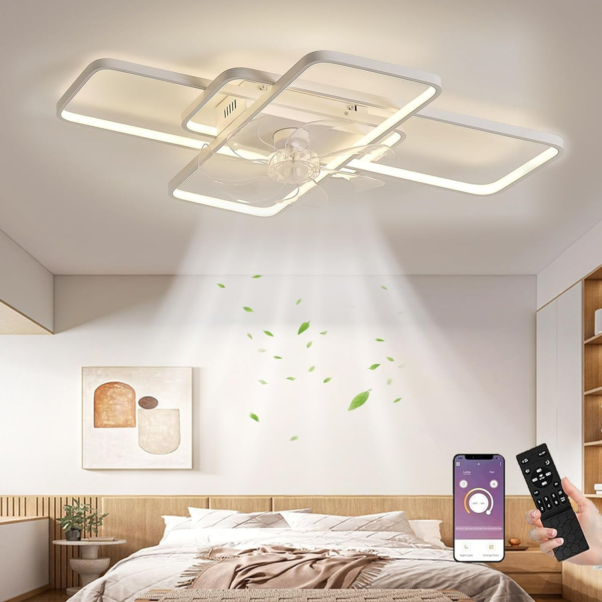 LuxiLamps - Moderne Smart Lamp Ventilator - Dimbaar - LED Plafond Ventilator - Wit - Moderne Kroonluchter Ventilator - 72 cm - Woonkamerlamp