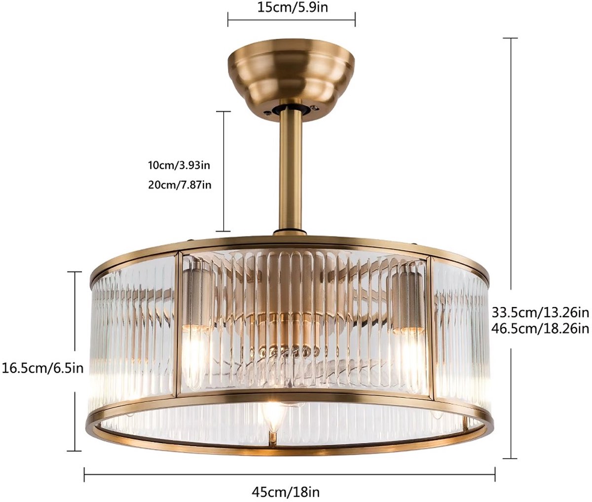 LuxiLamps - Ceiling Fan - Gold - 6 Speeds - 45 cm - Dimmable With Remote Control - Chandelier Fan - Living Room Lamp