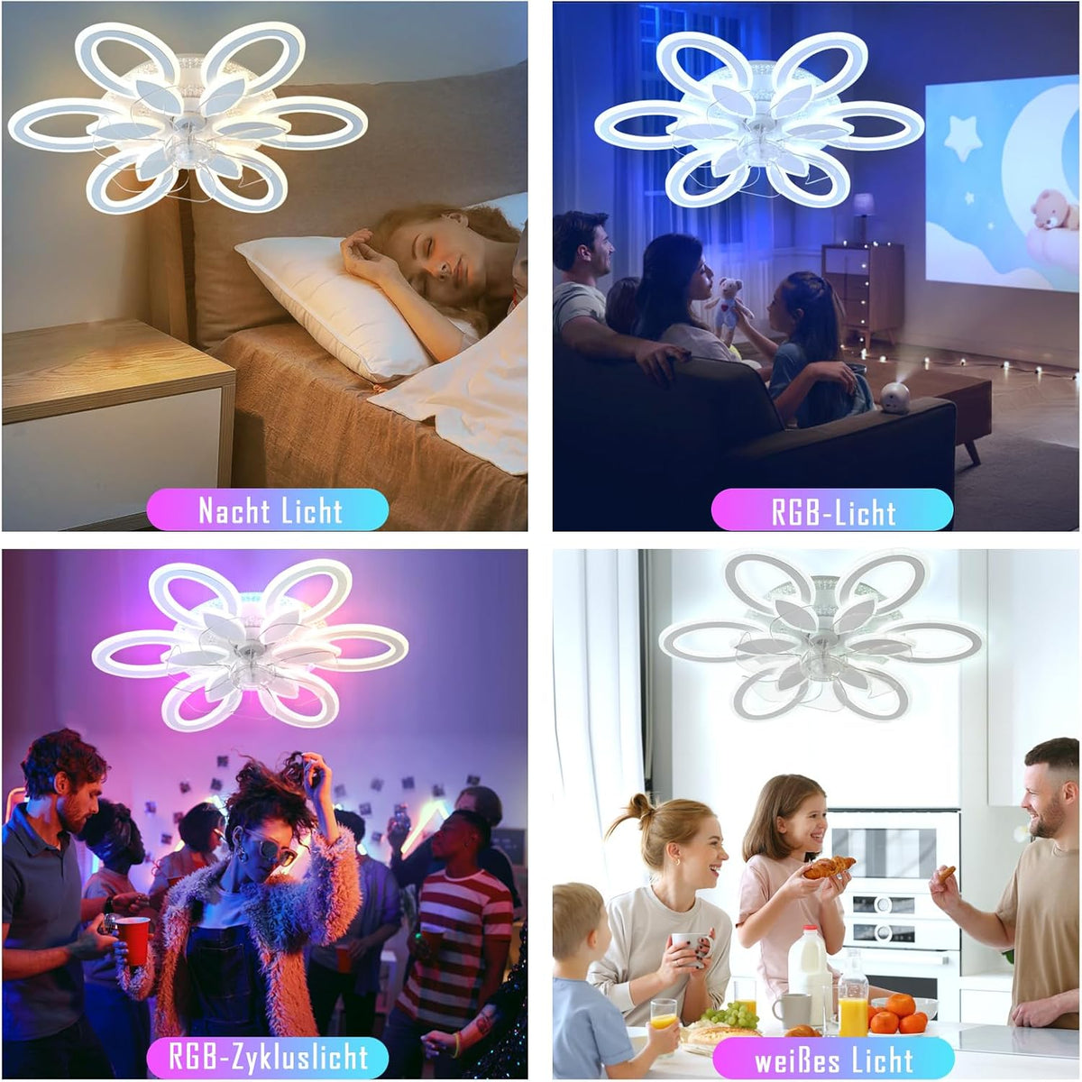 LuxiLamps - RGB Flower Fan - Dimmable With Remote Control And App - 6 Settings - Ceiling Fan - White - 65 cm - Living Room Lamp - Modern Lamp - 97W
