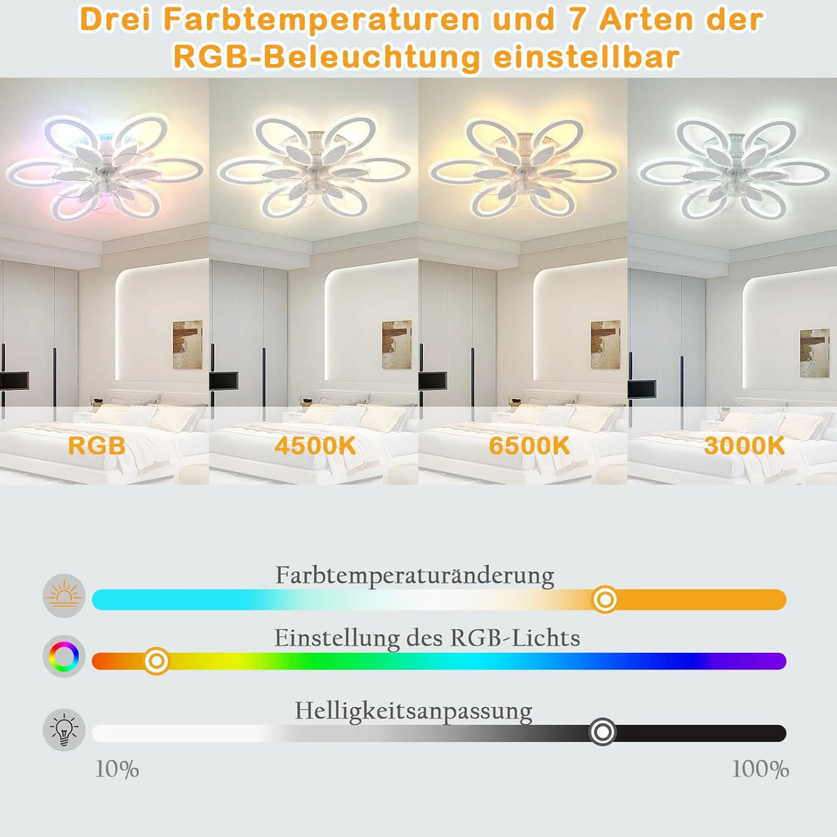 LuxiLamps - RGB Flower Fan - Dimmable With Remote Control And App - 6 Settings - Ceiling Fan - White - 65 cm - Living Room Lamp - Modern Lamp - 97W