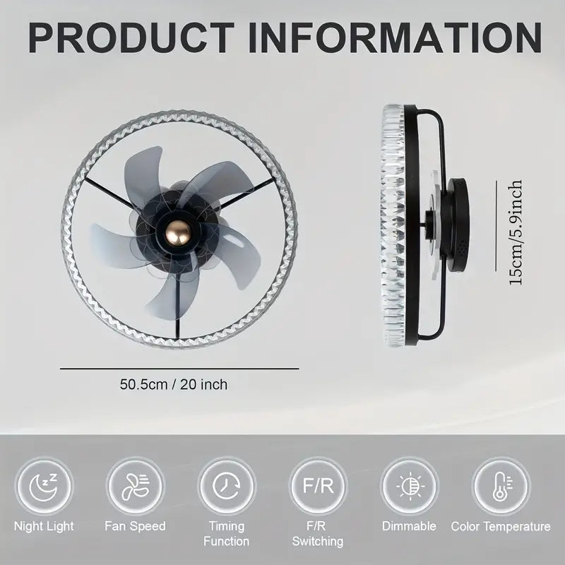 LuxiLamps - RGB Fan Ceiling Lamp - Ceiling Fan - Black - Dimmable - 50 cm - 6 Speed Fan - Kitchen Lamp - Living Room Lamp - Modern Lamp