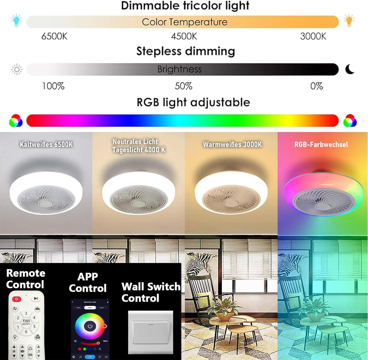 Ceiling Fan With Lighting - 6 Speeds - RGB And Dimmable - With Remote Control And App - With Bluetooth Speaker