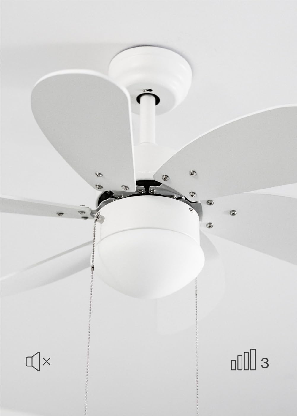 LuxiLamps - Silent 6 Blade Ceiling Fan - 3 Speeds - Chain Switch - Reversible Blade - 80 cm - White - Living Room Lamp - Kitchen - Bedroom - Modern Fan Lamp