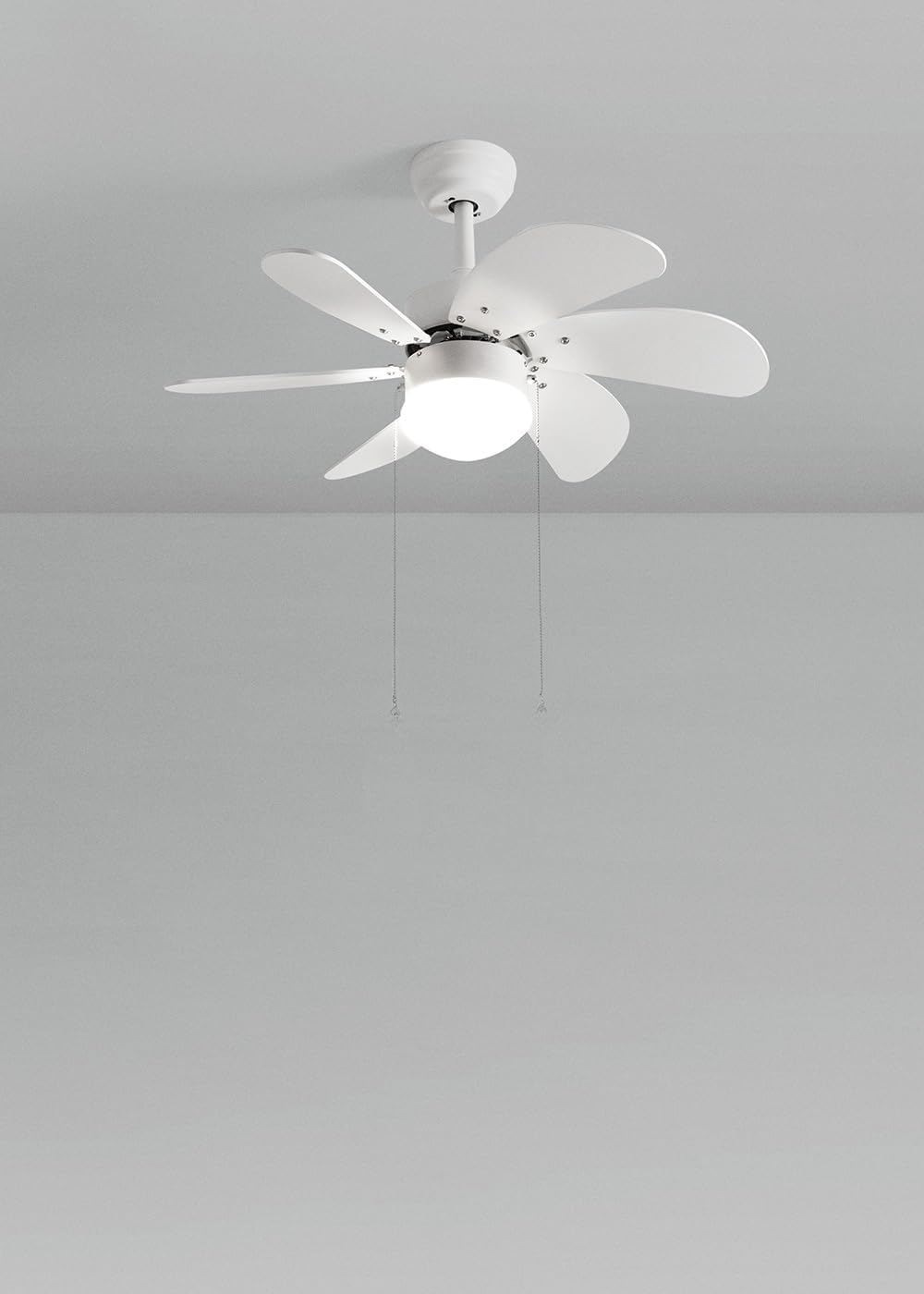 LuxiLamps - Silent 6 Blade Ceiling Fan - 3 Speeds - Chain Switch - Reversible Blade - 80 cm - White - Living Room Lamp - Kitchen - Bedroom - Modern Fan Lamp