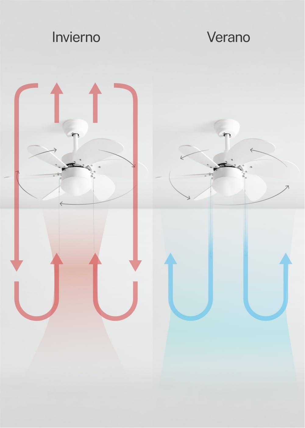 LuxiLamps - Silent 6 Blade Ceiling Fan - 3 Speeds - Chain Switch - Reversible Blade - 80 cm - White - Living Room Lamp - Kitchen - Bedroom - Modern Fan Lamp