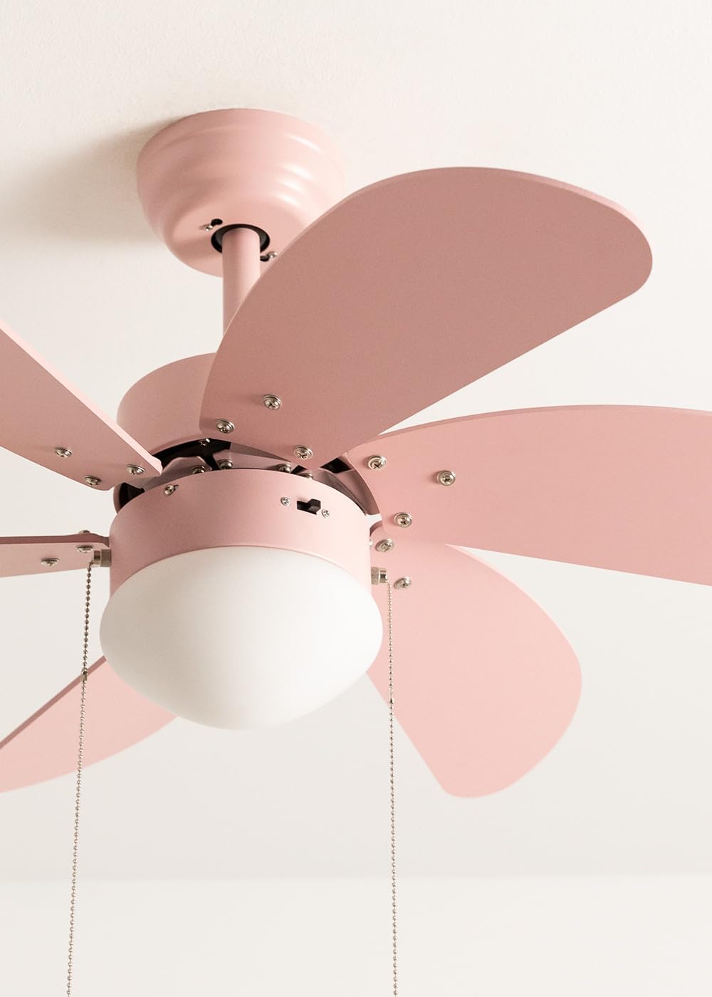 LuxiLamps - Silent 6 Blade Ceiling Fan - 3 Speeds - Chain Switch - Reversible Blade - 80 cm - Pink - Living Room Lamp - Kitchen - Bedroom - Modern Fan Lamp
