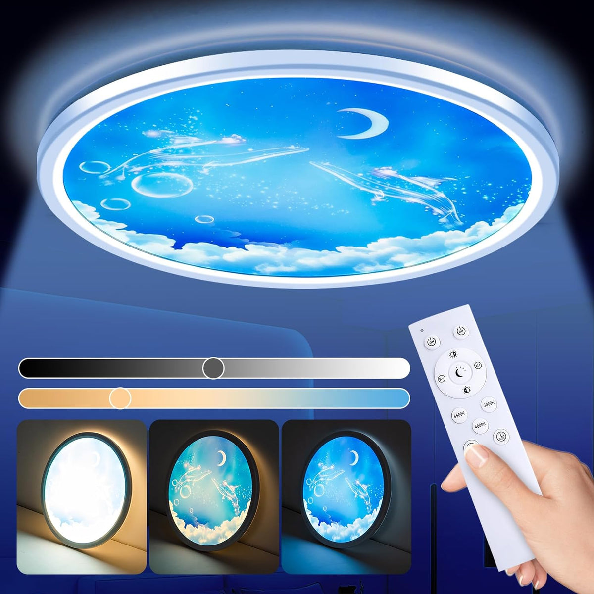 Moon LED Ceiling Light - Length 29.5 cm - 3 Light Colours - Dimmable With Remote Control - Timer - Kids Room And Bedroom - Ceiling Fixture