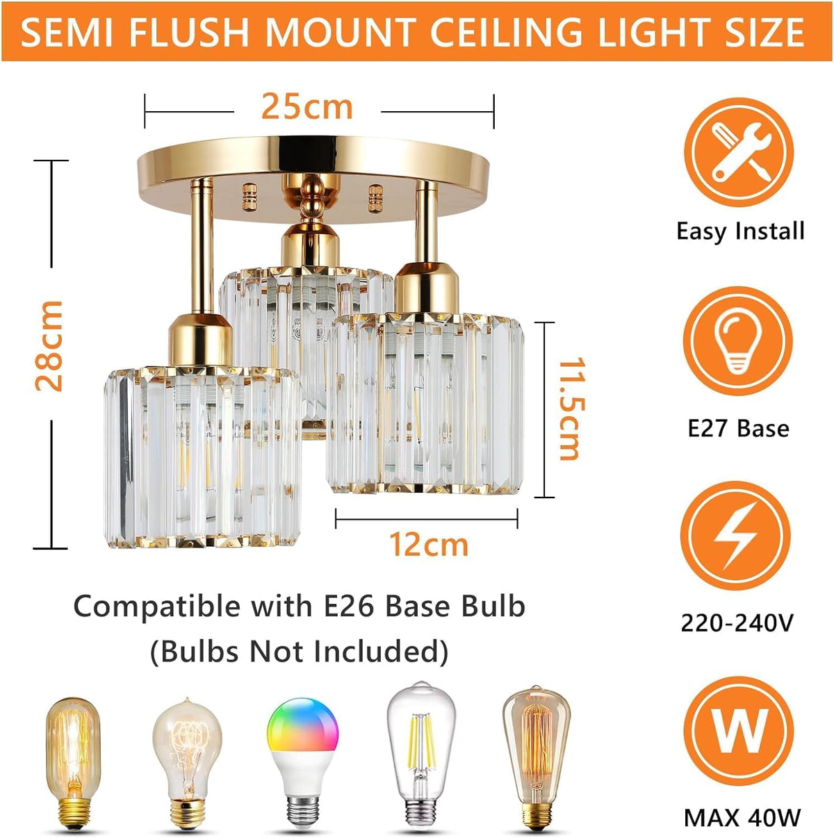 Modern Crystal Chandelier - 3-Head Crystal Ceiling Lamp - K9 Crystal - E27 - Gold - Lighting - Ceiling Light