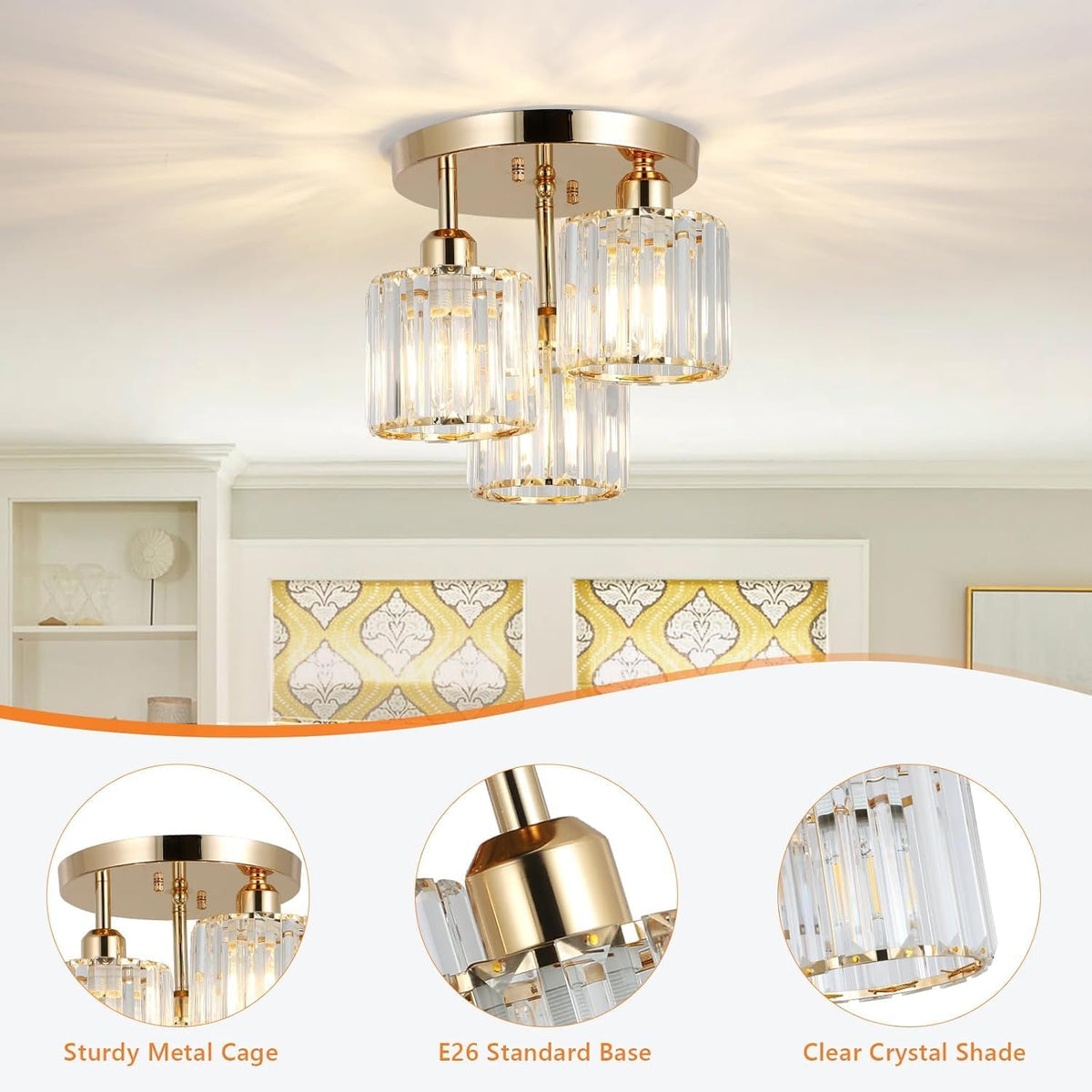 Modern Crystal Chandelier - 3-Head Crystal Ceiling Lamp - K9 Crystal - E27 - Gold - Lighting - Ceiling Light