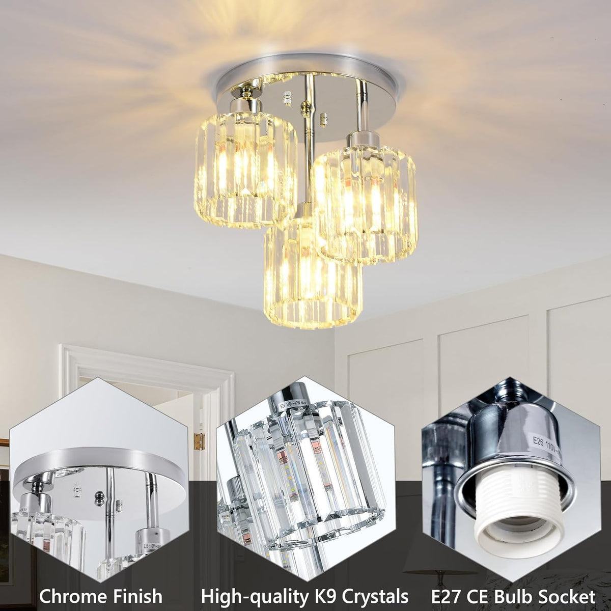 Modern Crystal Chandelier - 3-Head Crystal Ceiling Lamp - K9 Crystal - E27 - Chrome - Lighting - Flush Mount Ceiling Light