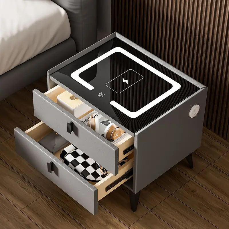 Nightstand With LED - 3 USB Ports - Wireless Charging - Grey - 2 Drawers - 50x45x40cm - Smart Bedside Table - Bedroom - 3 Color LED