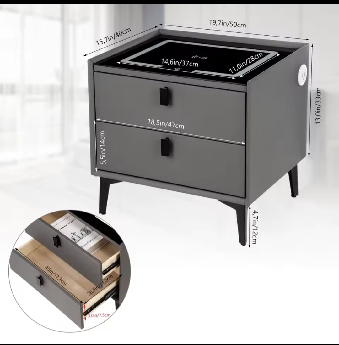 Nightstand With LED - 3 USB Ports - Wireless Charging - Grey - 2 Drawers - 50x45x40cm - Smart Bedside Table - Bedroom - 3 Color LED