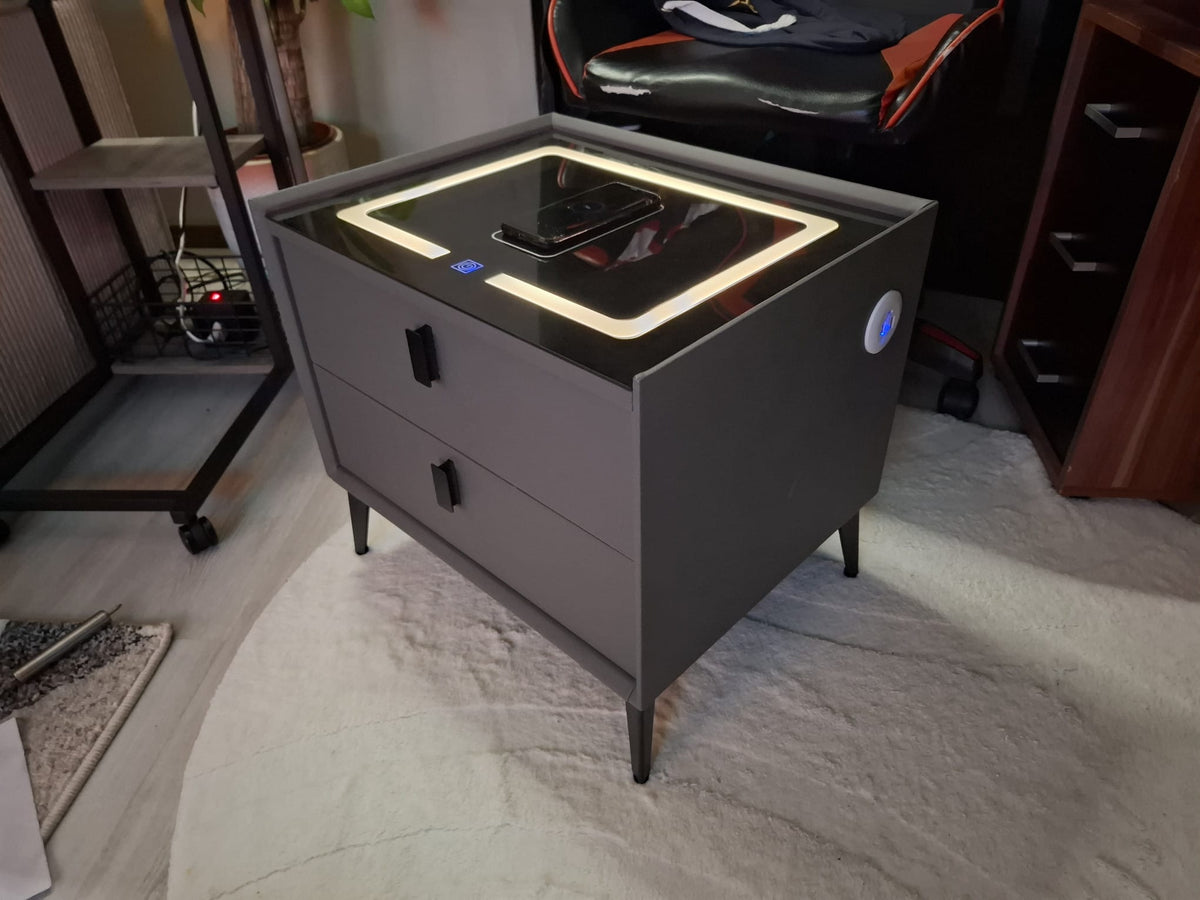 Nightstand With LED - 3 USB Ports - Wireless Charging - Grey - 2 Drawers - 50x45x40cm - Smart Bedside Table - Bedroom - 3 Color LED