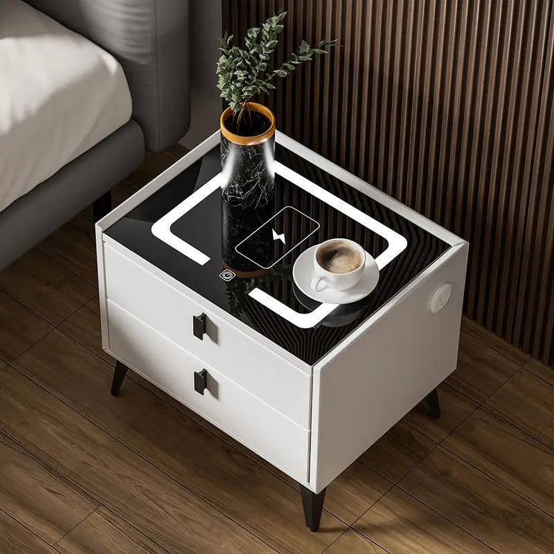 Nightstand with LED - 3 USB Ports - Wireless Charging - White - 2 Drawers - 50x45x40cm - Smart Nightstand - Bedroom - 3 Color LED