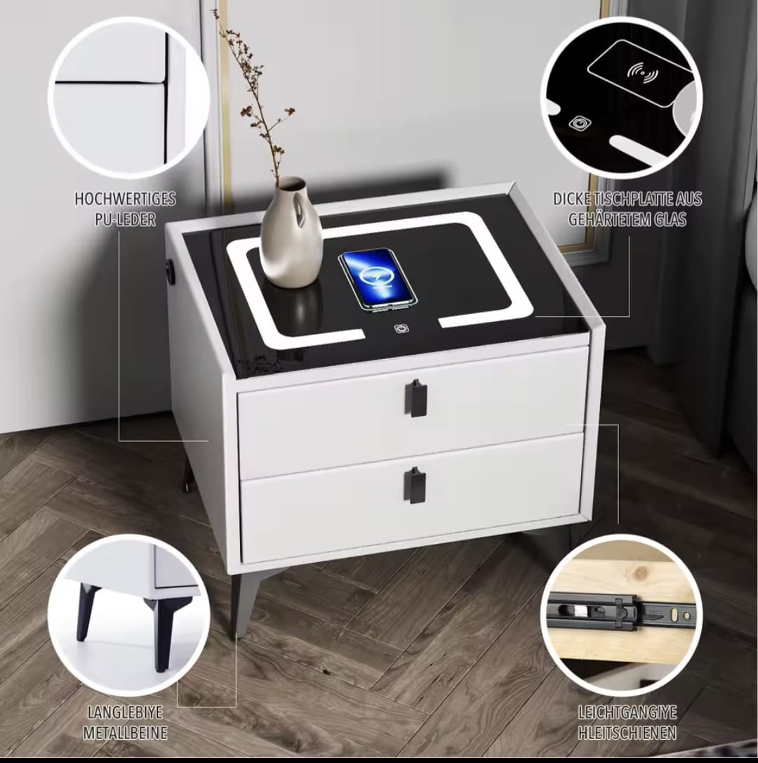 Nightstand with LED - 3 USB Ports - Wireless Charging - White - 2 Drawers - 50x45x40cm - Smart Nightstand - Bedroom - 3 Color LED