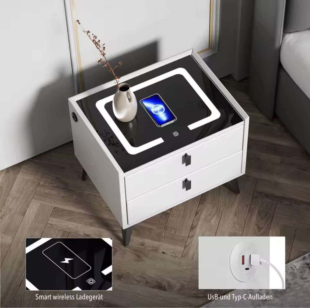 Nightstand with LED - 3 USB Ports - Wireless Charging - White - 2 Drawers - 50x45x40cm - Smart Nightstand - Bedroom - 3 Color LED