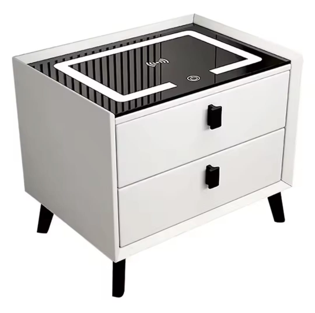 Nightstand with LED - 3 USB Ports - Wireless Charging - White - 2 Drawers - 50x45x40cm - Smart Nightstand - Bedroom - 3 Color LED