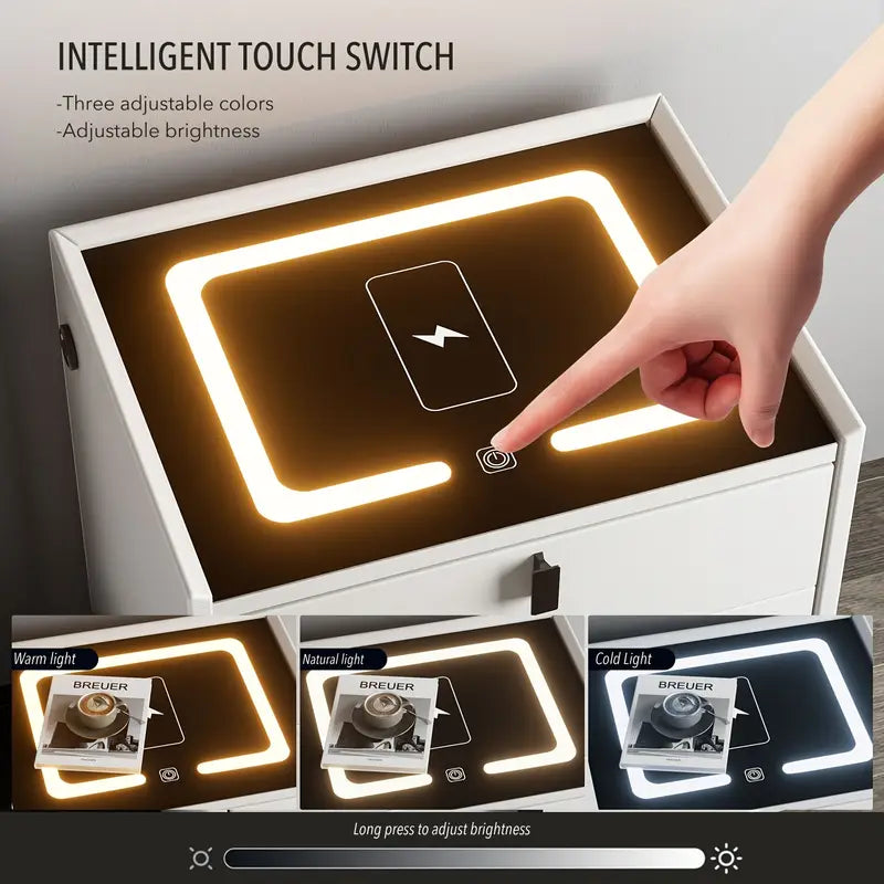 Nightstand with LED - 3 USB Ports - Wireless Charging - White - 2 Drawers - 50x45x40cm - Smart Nightstand - Bedroom - 3 Color LED