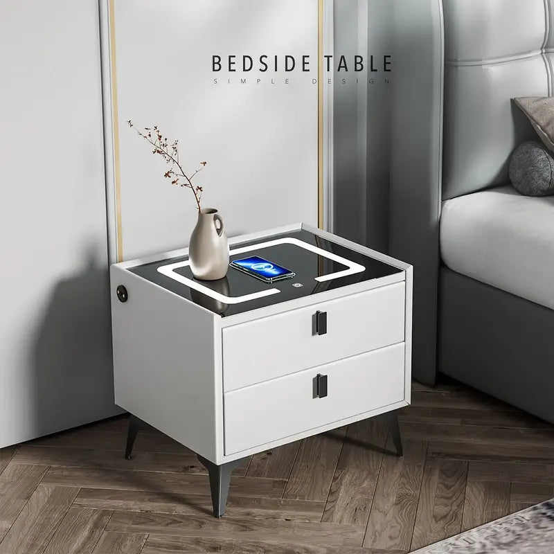 Nightstand with LED - 3 USB Ports - Wireless Charging - White - 2 Drawers - 50x45x40cm - Smart Nightstand - Bedroom - 3 Color LED