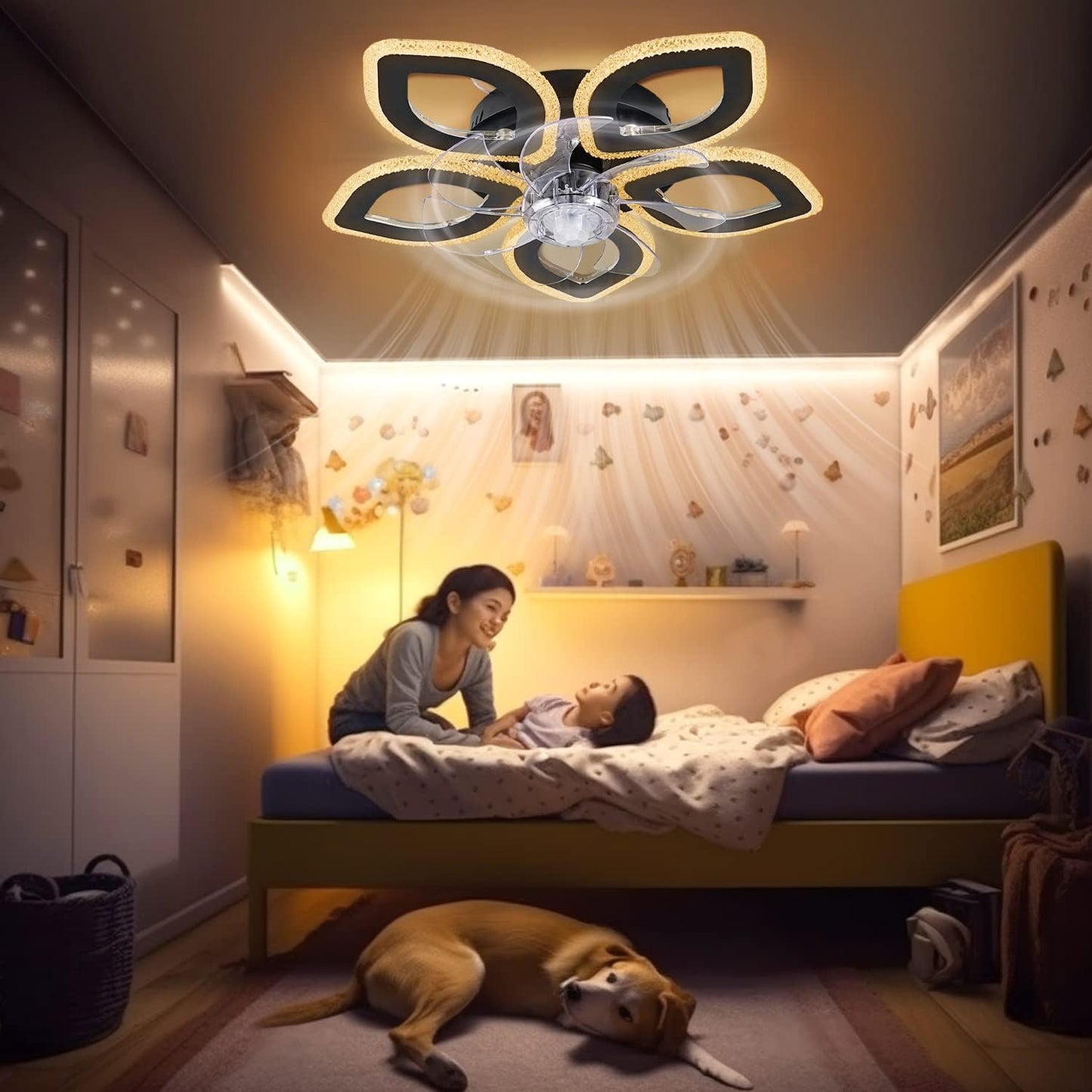 5 Ring Fan Lamp - Ceiling Fan - Smart Lamp - With Dimmer - Black - 6 Modes Fan - Kitchen Lamp - Living Room Lamp - Modern Lamp