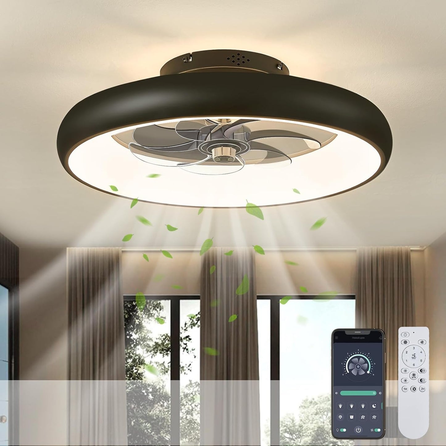 LuxiLamps - LED Ventilator Plafondlamp - Plafondventilator - Zwart - Met Dimmer - 50 cm - 6 Standen Ventilator - Keuken Lamp - Woonkamerlamp - Moderne Lamp