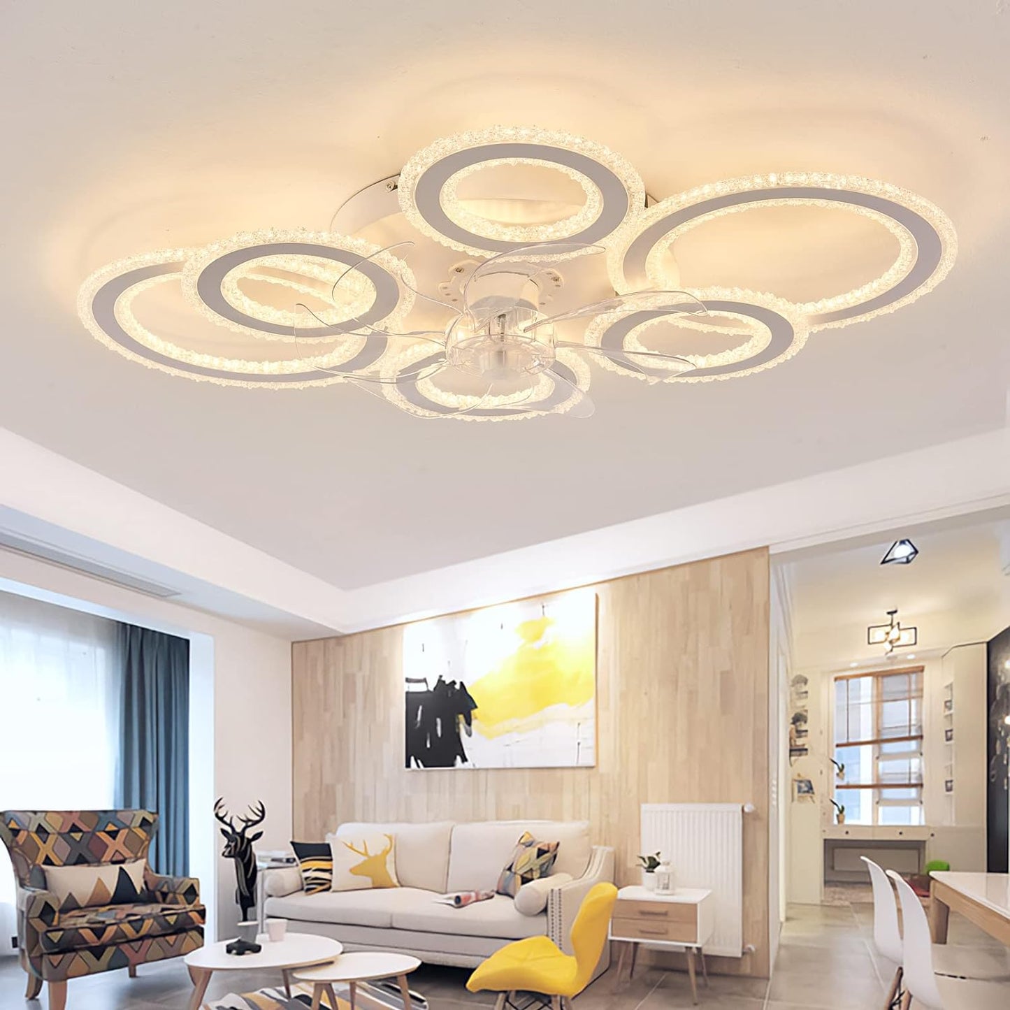 6 Ringen Kristallen Plafondventilator - Wit - 6 Snelheden - Smart lamp - Dimbaar Met Afstandsbediening & APP - Moderne Cirkel Ventilator Licht - Crystal Kroonluchter Ventilator
