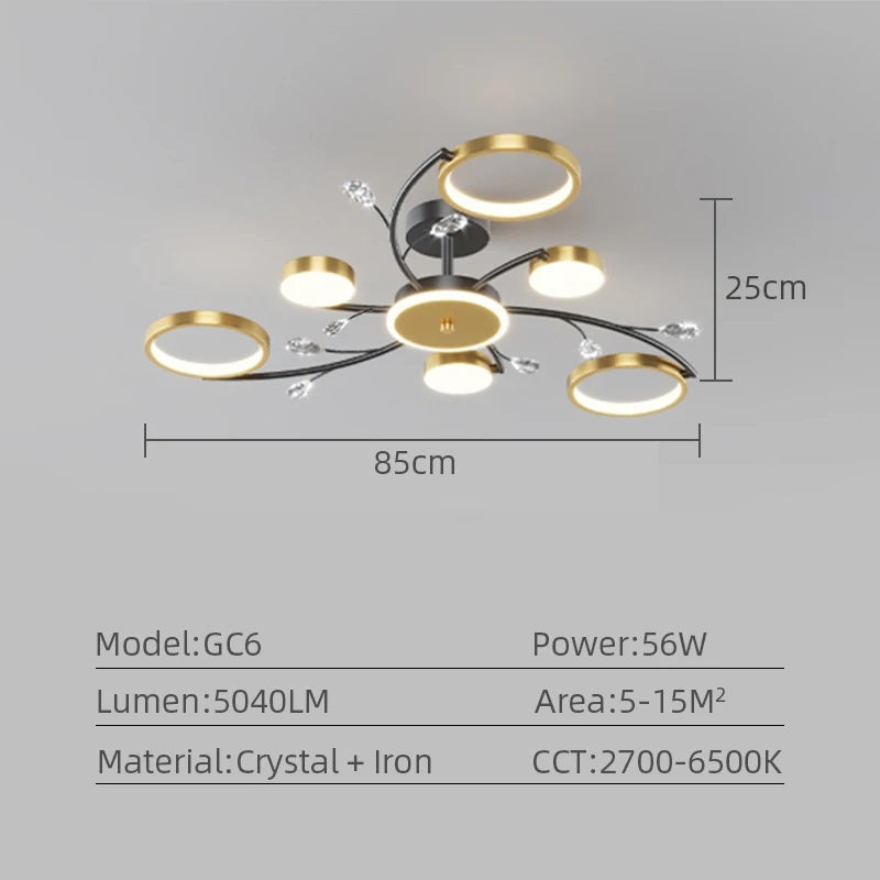 6 Ringen Plafondlamp - Moderne LED Kroonluchter - Goud/Zwart - Dimbaar Met Afstandsbediening - 85 cm