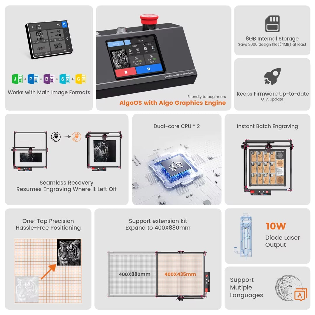 Laser Graveermachine 10W - 3.5 Inch Touchscreen - Laser Cutter - Laserprinter All In One - Graveren - Display - Zwart - Hout Acryl Laser Snijmachine - Bedienbaar Met APP