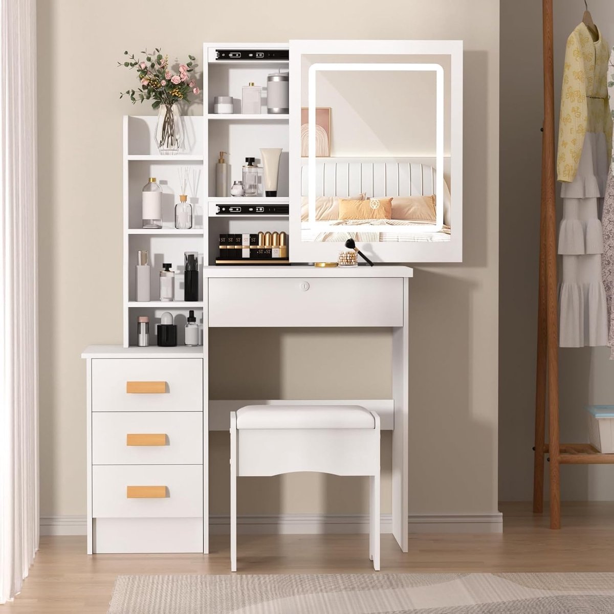 Moderne Witte Make-up tafel met Instelbare LED Verlichting - Kaptafel met Spiegel, 4 Laden - Met Slot en Aanpasbare Planken - Stijlvolle Opslag voor Make-up