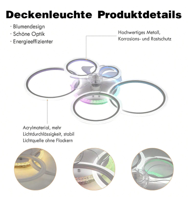 LuxiLamps - 5 Ringen Plafondventilator - RGB - 6 Snelheden - Dimbaar Met Afstandsbediening - 12 Kleuren - Moderne Cirkel Ventilator Licht