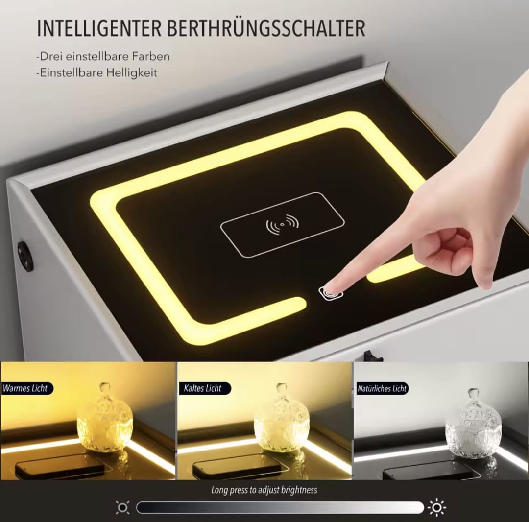 Nachtkast Met LED - 3 USB Poorten - Draadloos Opladen - Wit - 3 Laden - 59x50x45cm - Slim Nachtkastje - Slaapkamer - 3 Kleuren LED