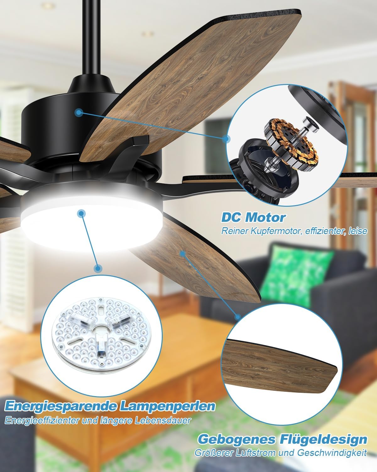 5 Blad Plafondventilator - Moderne LED Ventilator - 6 Snelheden - Dubbelzijdige Vleugels - Zwart of Bruin - Afstandsbediening - 107 cm
