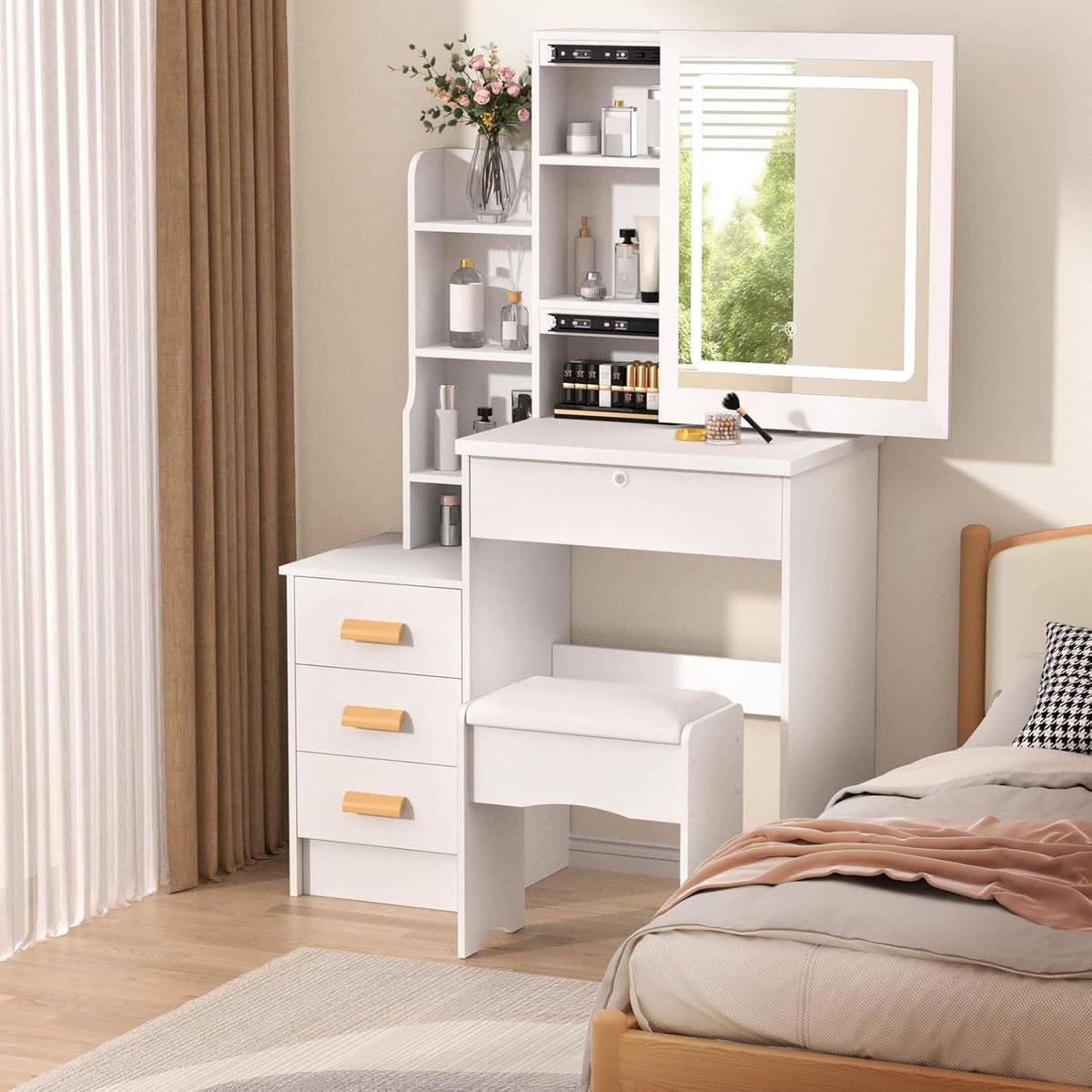 Moderne Witte Make-up tafel met Instelbare LED Verlichting - Kaptafel met Spiegel, 4 Laden - Met Slot en Aanpasbare Planken - Stijlvolle Opslag voor Make-up