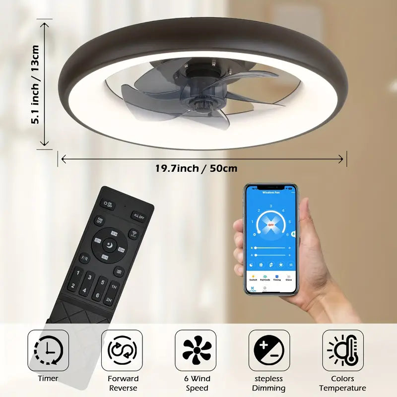 LuxiLamps - LED Ventilator Plafondlamp - Plafondventilator - Zwart - Met Dimmer - 50 cm - 6 Standen Ventilator - Keuken Lamp - Woonkamerlamp - Moderne Lamp