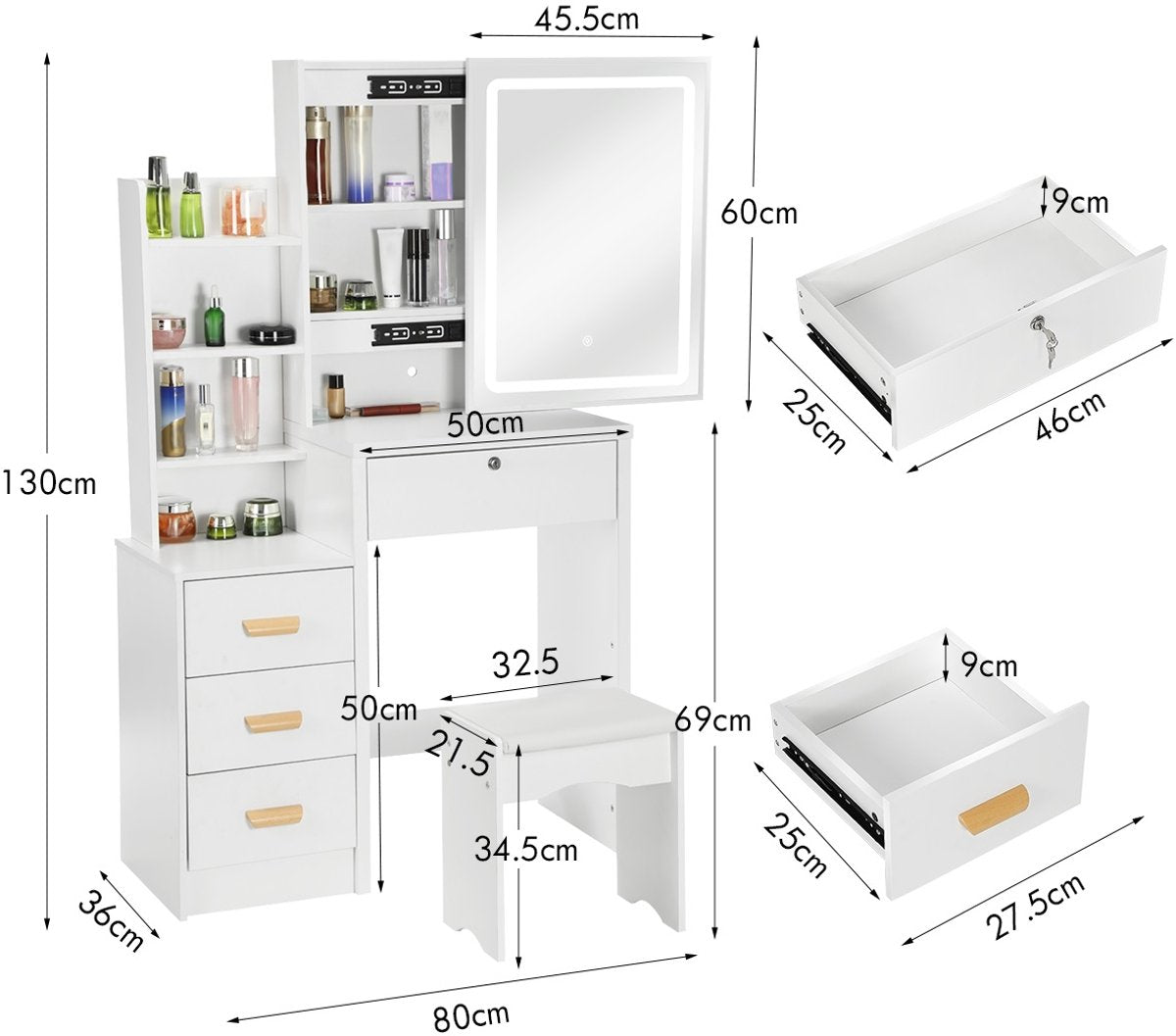 Moderne Witte Make-up tafel met Instelbare LED Verlichting - Kaptafel met Spiegel, 4 Laden - Met Slot en Aanpasbare Planken - Stijlvolle Opslag voor Make-up