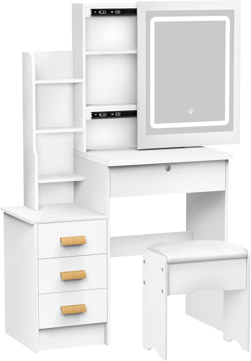 Moderne Witte Make-up tafel met Instelbare LED Verlichting - Kaptafel met Spiegel, 4 Laden - Met Slot en Aanpasbare Planken - Stijlvolle Opslag voor Make-up