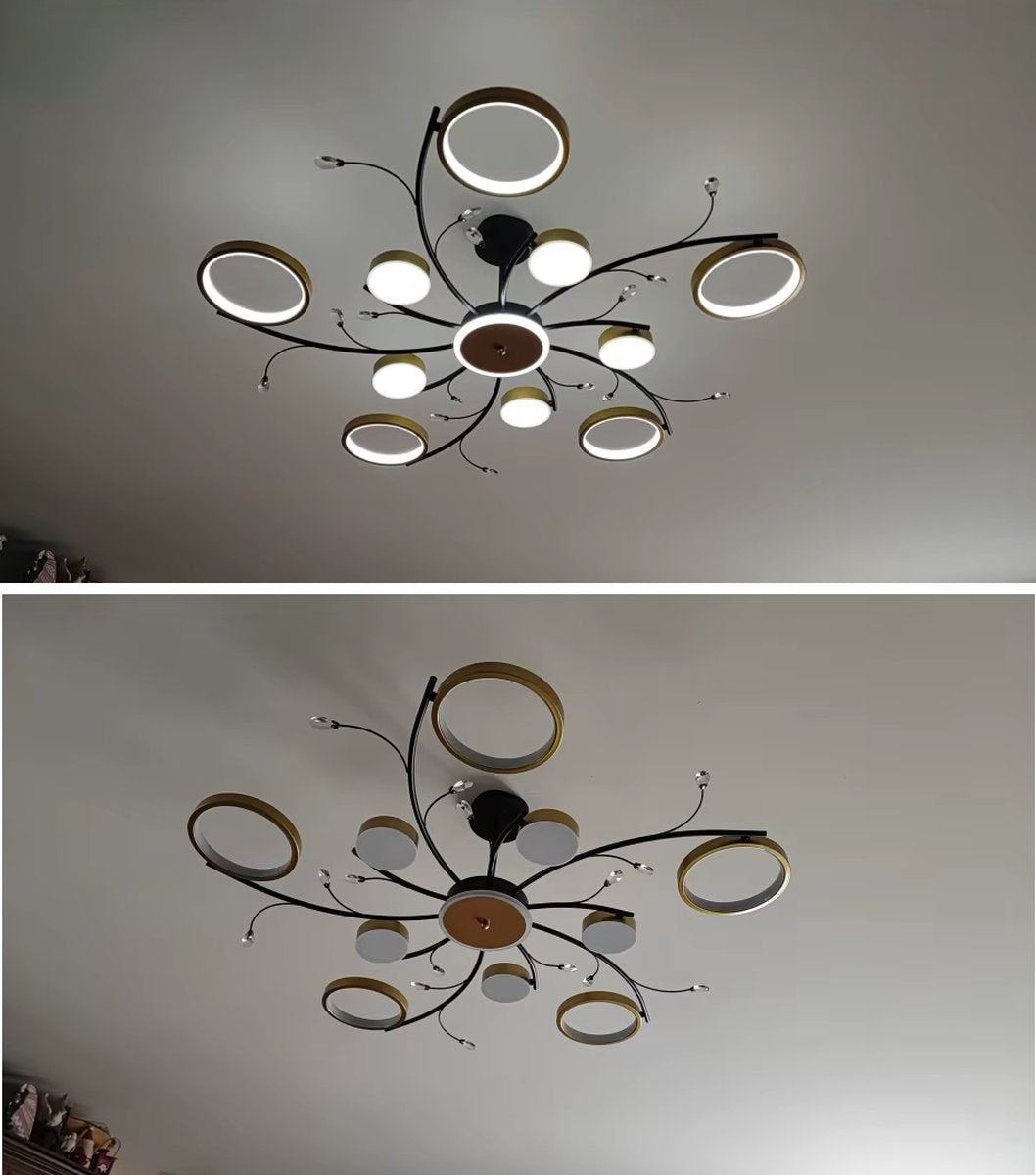 10 Ringen Plafondlamp - Moderne LED Kroonluchter - Smart Lamp - APP - Goud/Zwart - Dimbaar Met Afstandsbediening - 100 cm