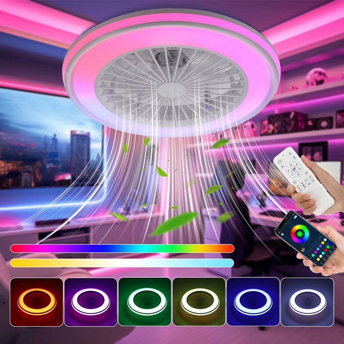 RGB Ceiling Fan - With Speaker - Dimmable With Remote Control - 12 Colors - 60W - RGB Music Fan - Living Room Lamp - Chandelier Fan