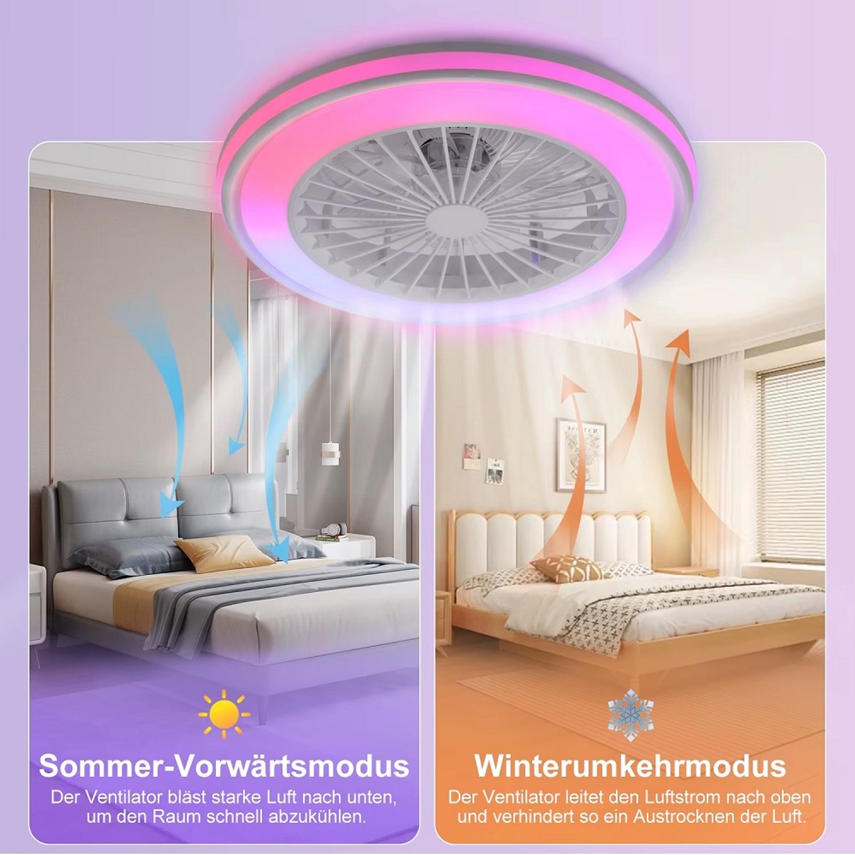 RGB Ceiling Fan - With Speaker - Dimmable With Remote Control - 12 Colors - 60W - RGB Music Fan - Living Room Lamp - Chandelier Fan