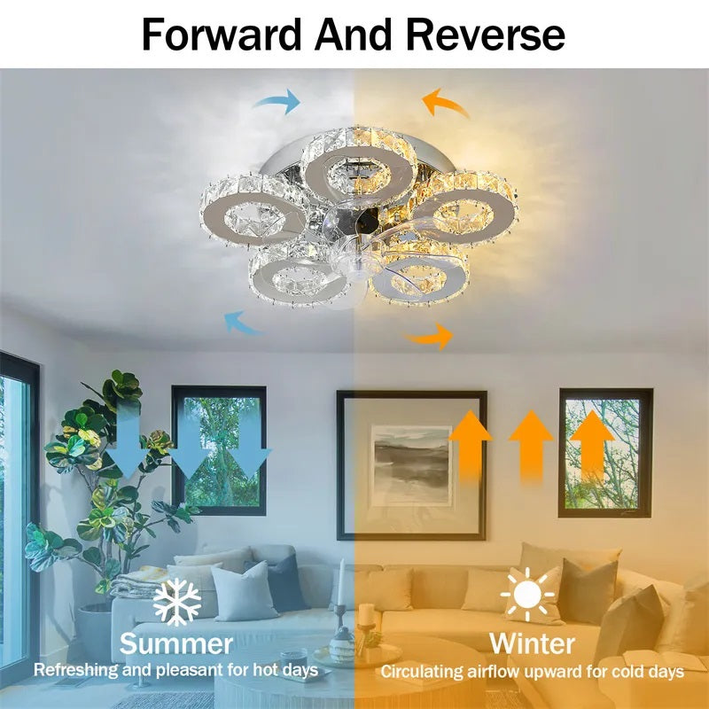 5 Rings Crystal Ceiling Lamp - Ceiling Fan - Smart Lamp - With Dimmer - 6 Speed Fan