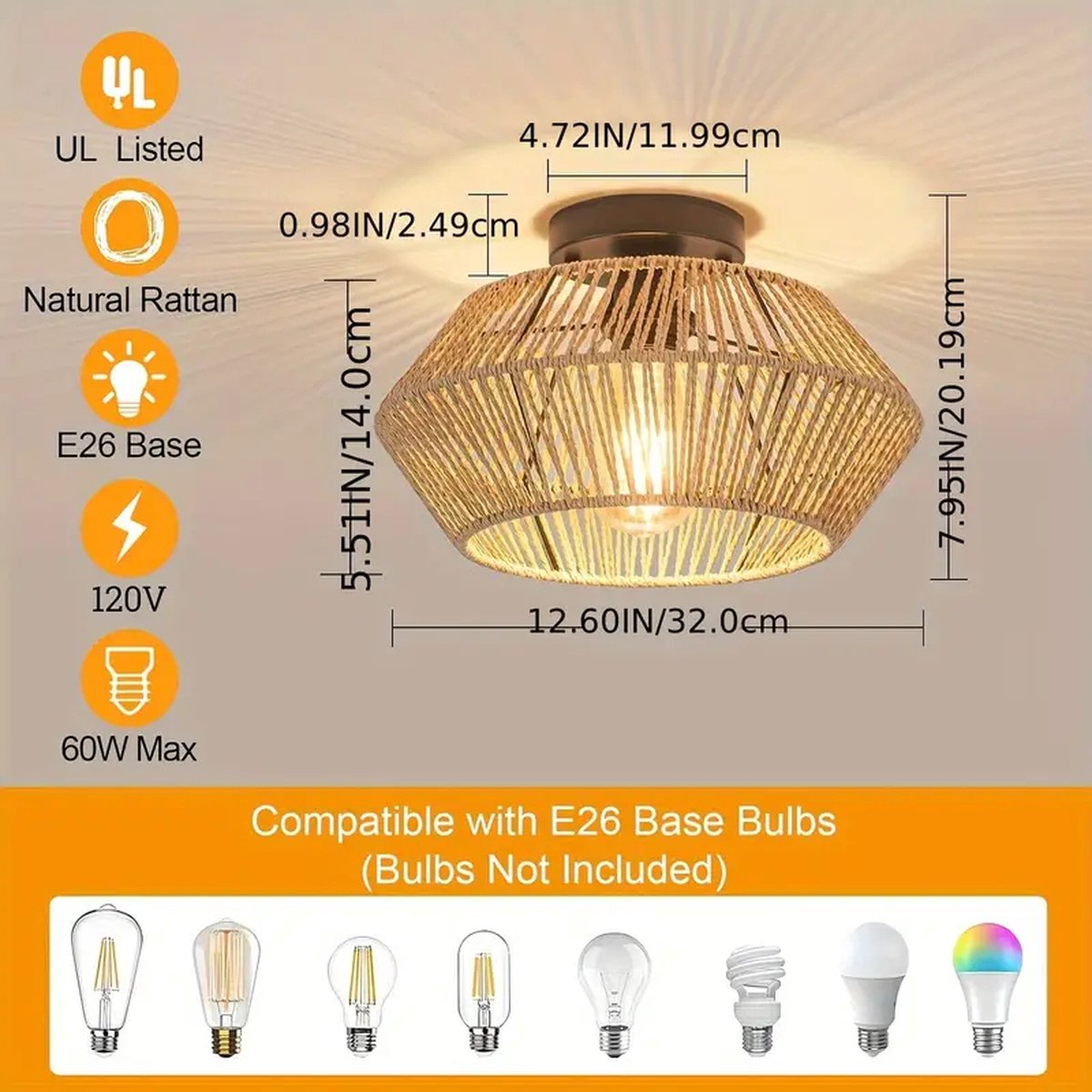 Wicker Ceiling Lamp - Bamboo Chandelier - Rattan Vintage Lamp - E27 - Handwoven - 30 cm